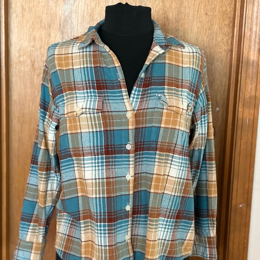 Old Navy Teal, Rust & Tan Plaid Boyfriend Shirt